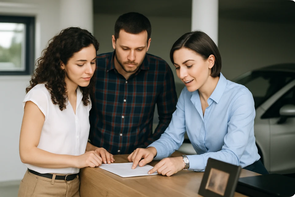 Car dealership consultant explains auto financing terms to a couple at the reception desk.